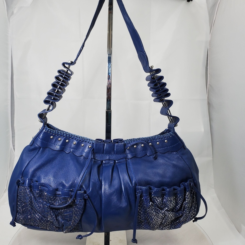 Vintage CHI Royal Blue Leather Hobo Shoulder Bag Studded Snakeskin Satchel